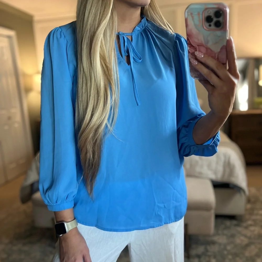 Vince Camuto Vibrant Blue Tie-Neck Blouse - Picture 1 of 4